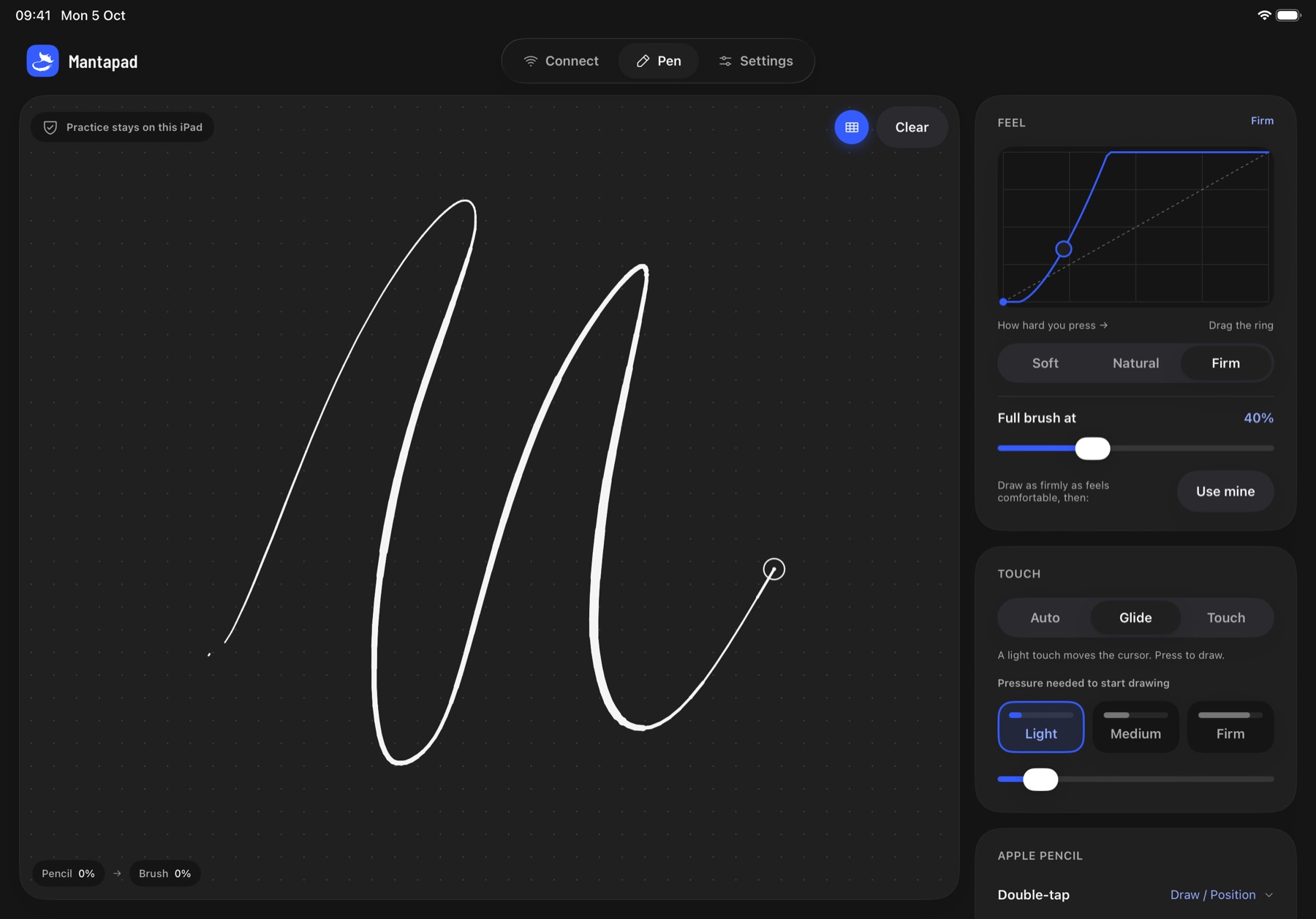 Pen screen with a pressure curve, touch settings and a practice canvas