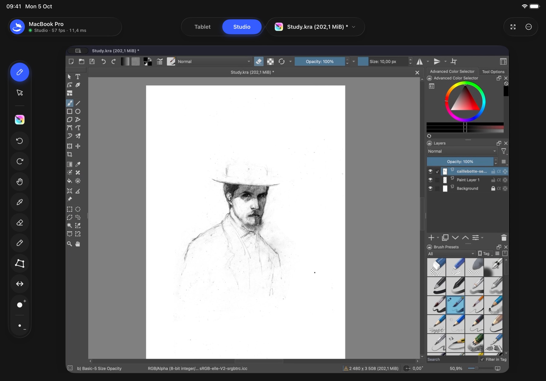 Mantapad on iPad in Studio mode, showing a Krita window with a pencil portrait and the app’s shortcut toolbar