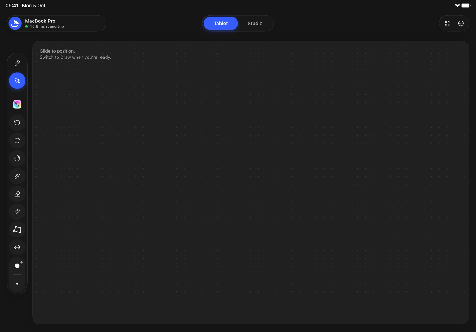 Tablet mode: a clean drawing surface with the shortcut toolbar